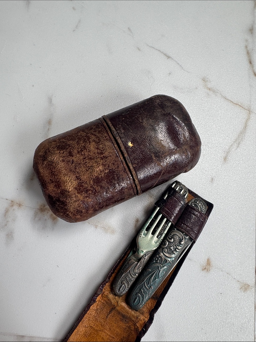 Antique Foldable Travel Fork & Knife Leather Camp Hike Unique Rare